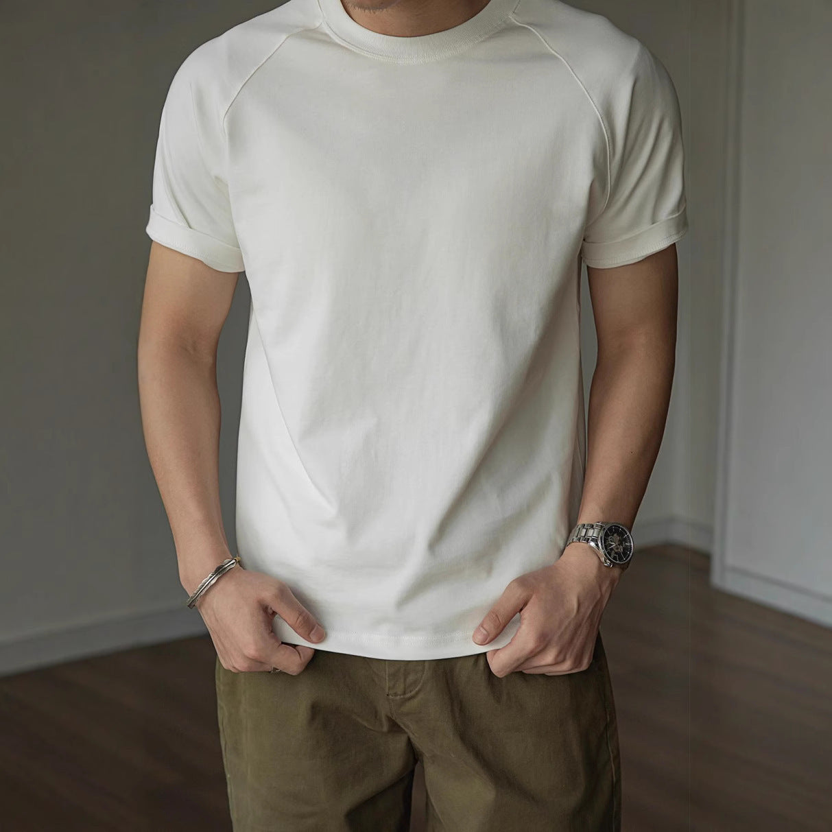 American Retro 300g Heavy Round Neck Dry T-shirt in white, slim fit, pullover style.