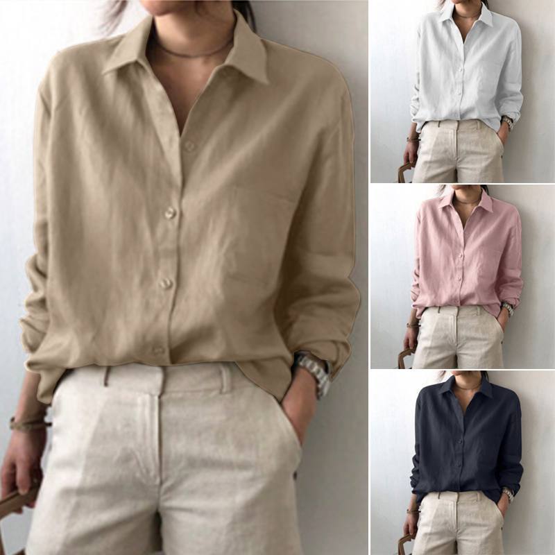 Women's retro solid color shirt in cotton and linen, featuring regular long sleeves and loose fit; available in white, khaki, pink, and navy blue.