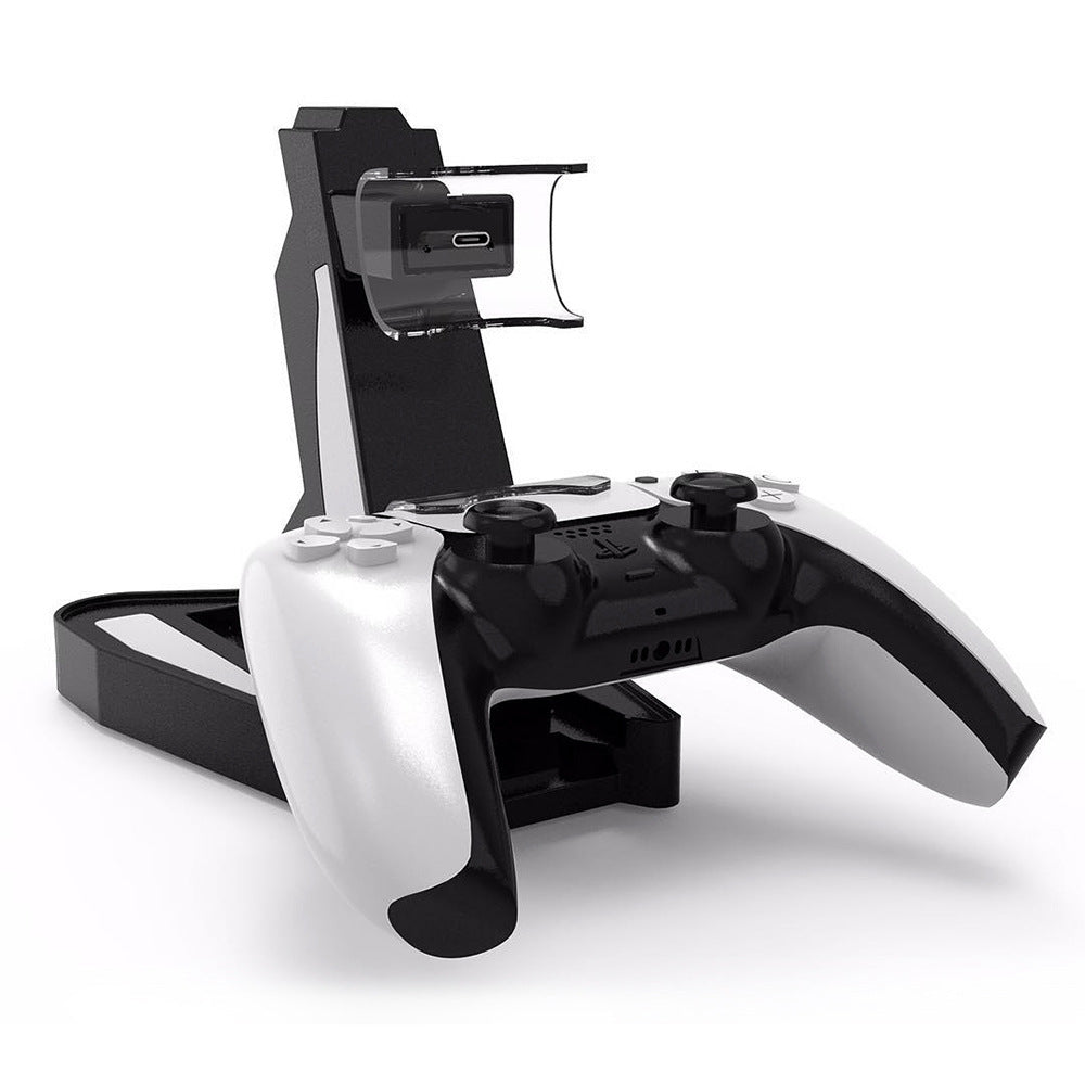 PS5 handle charging stand with USB to Type-C connection for charging two controllers.