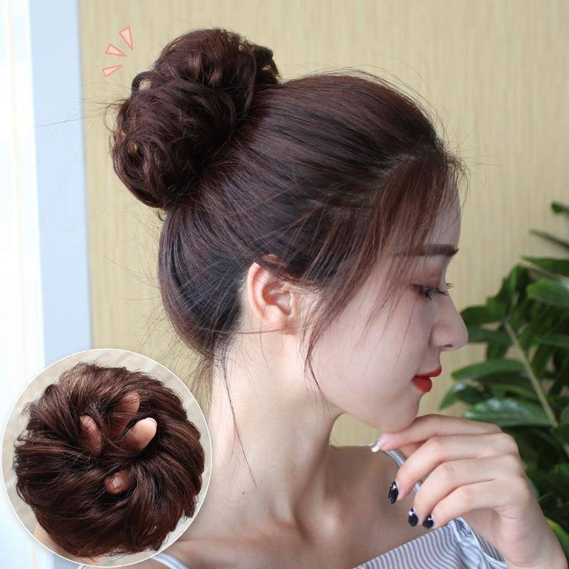 Fluffy matte wig hair band bun in natural black and brown shades, made of high-temperature fiber for any face type and skin color.