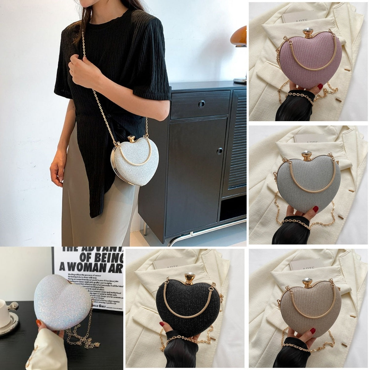 Heart-shaped evening clutch bag with a metal chain, available in pink, gold, black, silver, and white. Fashionable design for Valentine's Day.