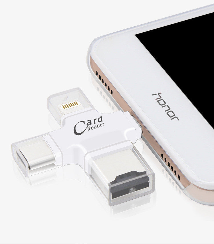 Four-in-one multi-function mobile phone card reader connected to smartphone