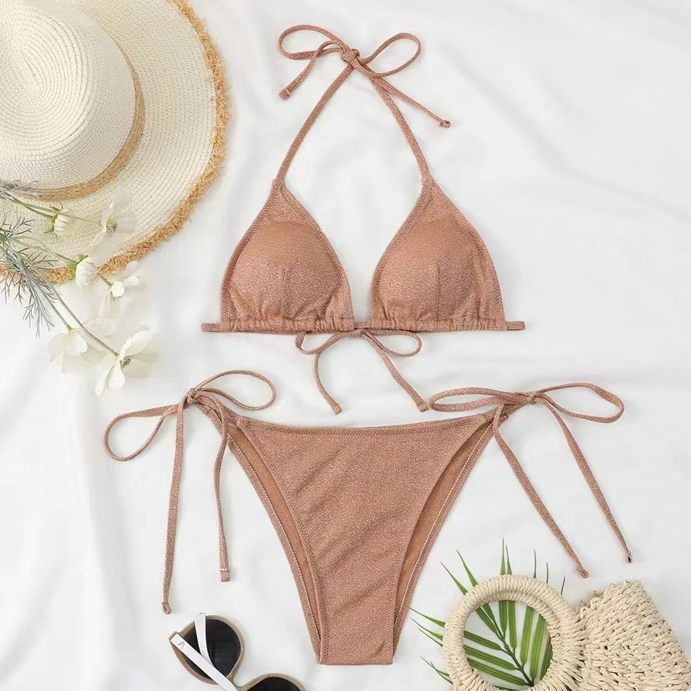 Khaki gold fashion bikini split bandage swimsuit set with halter top and briefs.