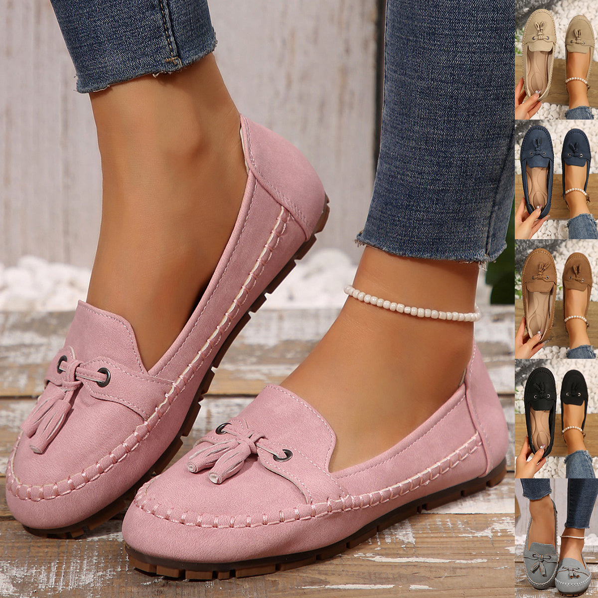 Women's round head loafers in pink, featuring a non-slip sole and stylish tassel design, ideal for daily wear; available in various colors.