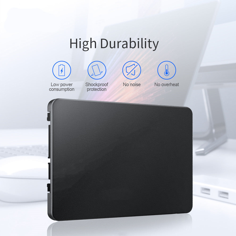 2.5 inches high speed solid state drive with high durability features displayed, suitable for notebooks and desktops.