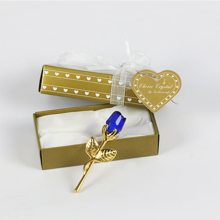 Crystal metal rose with blue crystal bloom in a decorative gift box, ideal for Valentine's Day or wedding gifts.