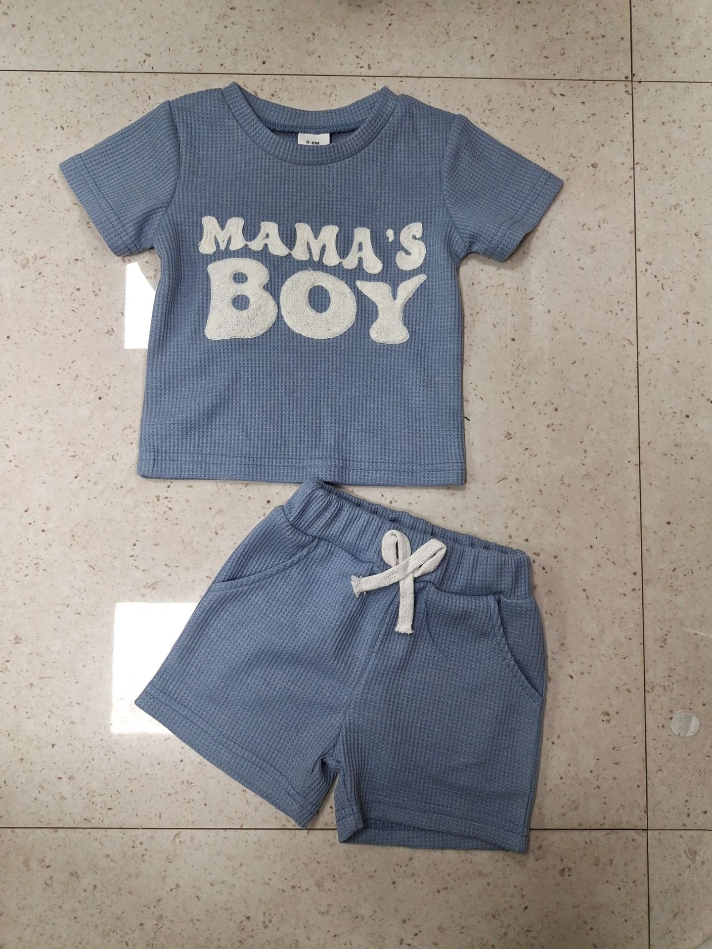 Waffle Towel Embroidery Short Sleeve Shorts Suit