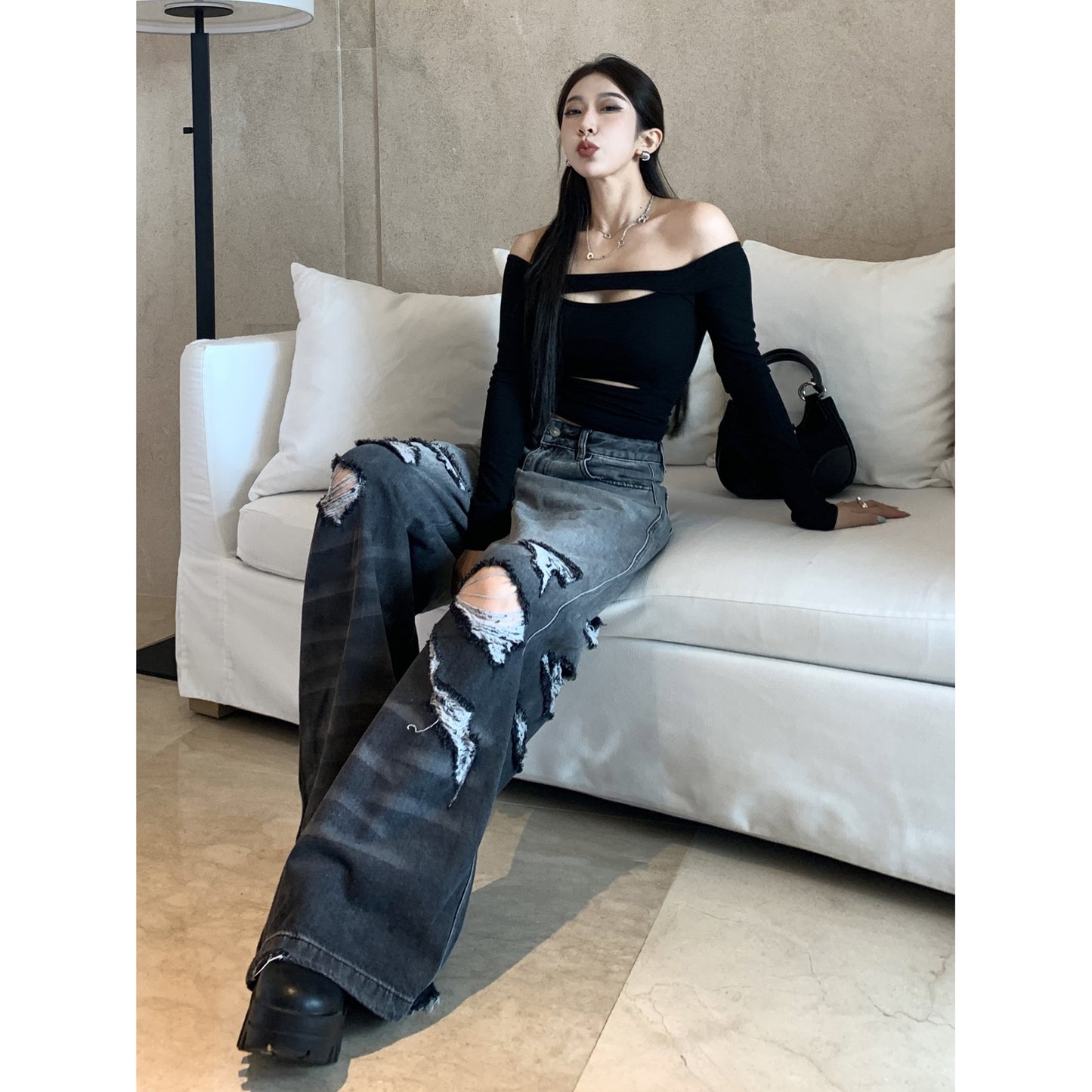 渐变色大破洞辣妹阔腿牛仔裤
