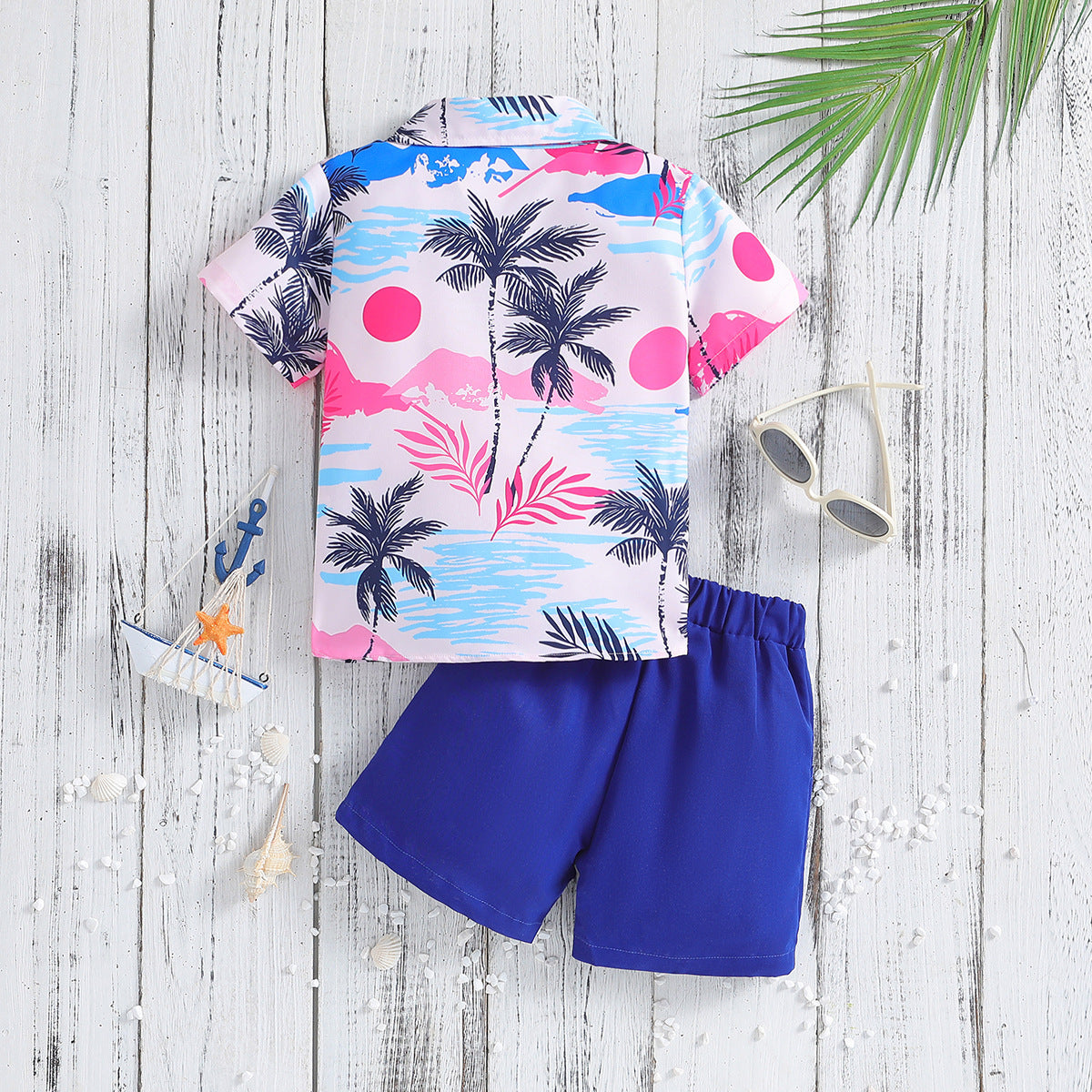 Summer New Boys' Short-sleeved Printed Shirt And Shorts Two-piece Set