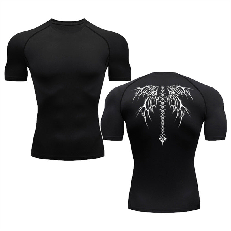 Summer men's short-sleeved black quick-drying T-shirt with stylish printed design.