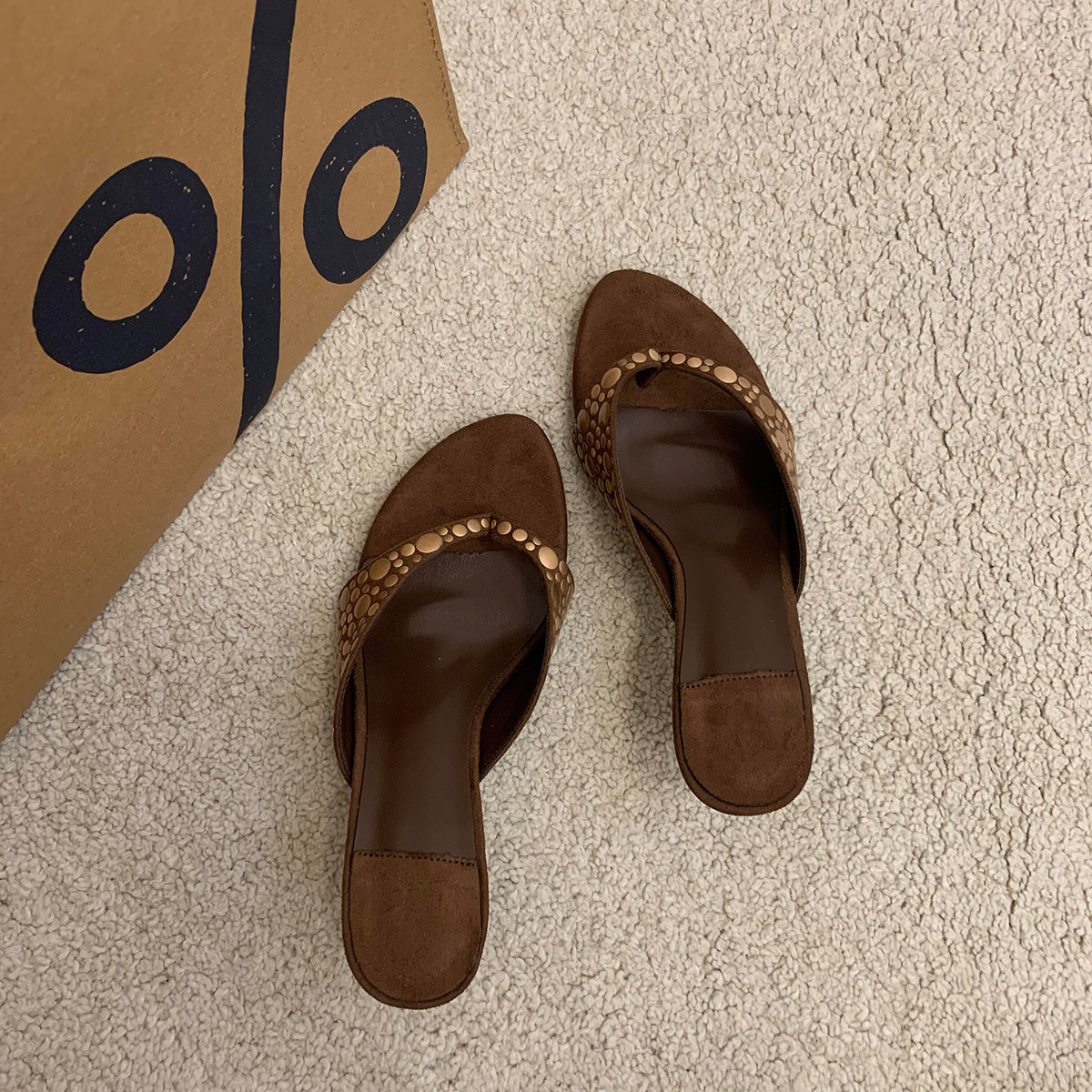 Retro Rivet Suede Stiletto Heel Flip-flops Women's High Heels