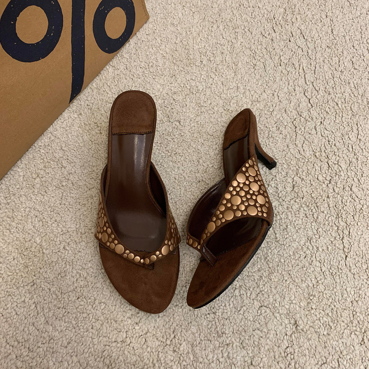 Retro Rivet Suede Stiletto Heel Flip-flops Women's High Heels