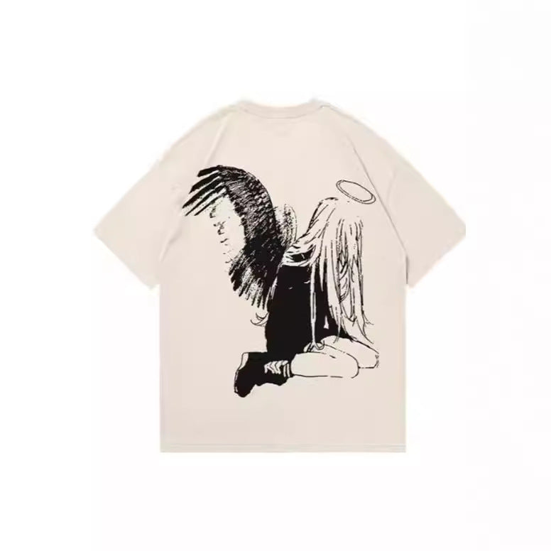 Hip Hop Men's Cartoon Angel Wings Printed T-shirt, short sleeve, summer wear, sports style, polyester fabric.