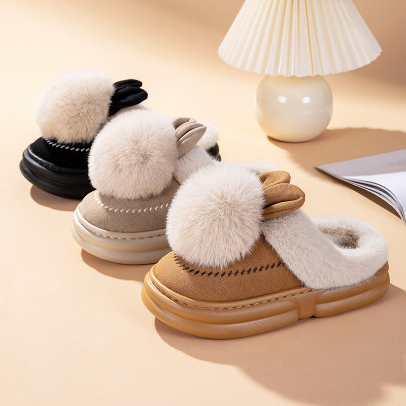 Fur slippers with thick bottom, fleece-lined, available in khaki, brown, and black colors, featuring bow and sewing line accents.
