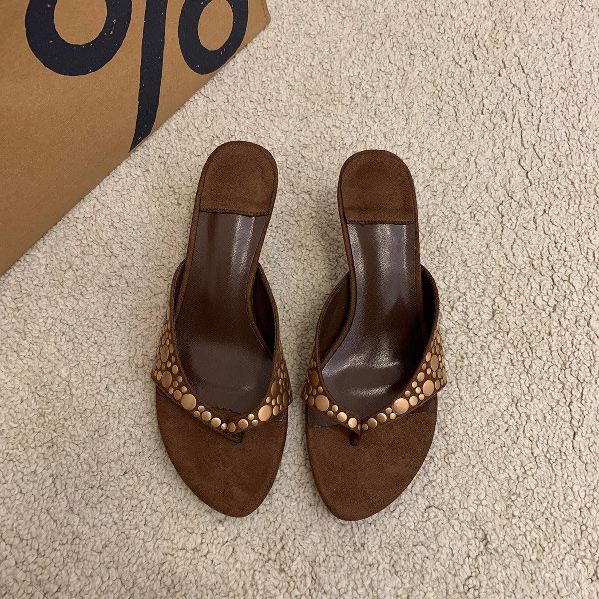 Brown retro rivet suede stiletto heel flip-flops for women with sheepskin lining and TPR sole.