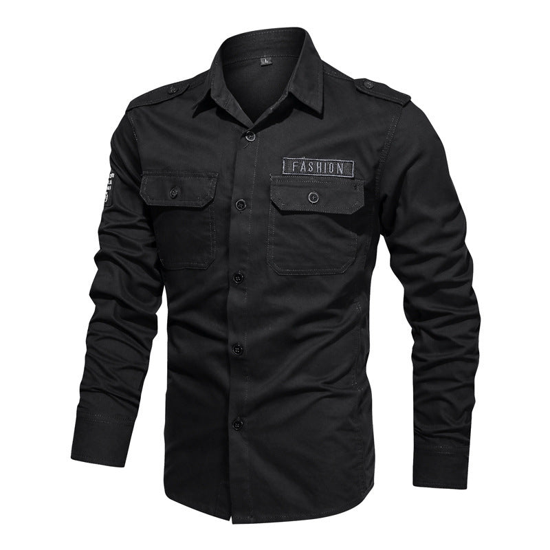 Solid Color Loose Long Sleeves Pocket Shirt