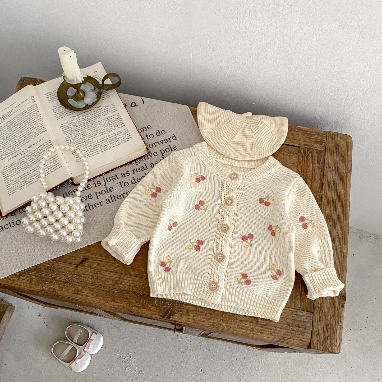 Cherry Embroidery Knitted Long-sleeved Coat Children's New Top