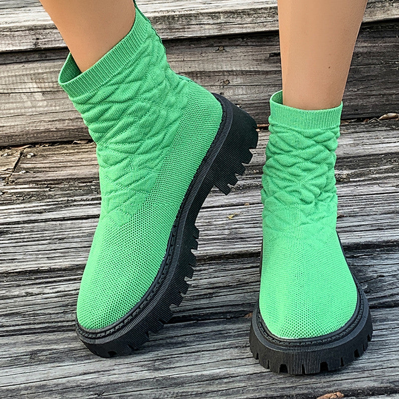 Women's Thick Heel Casual Martin Boots in Grass Green, Mid-Calf Length.
