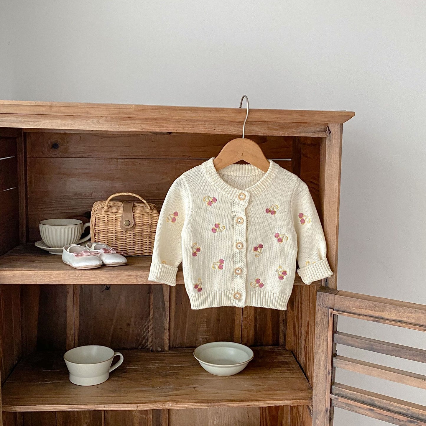 Cherry Embroidery Knitted Long-sleeved Coat Children's New Top