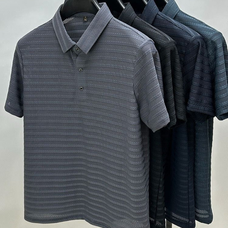 Hollow-out ice silk mesh breathable men's polo shirt in various colors.