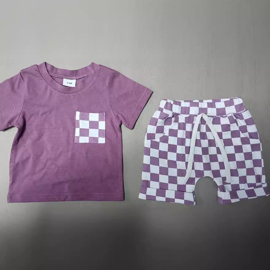 Baby's Casual Short-sleeved Plaid Shorts Suit