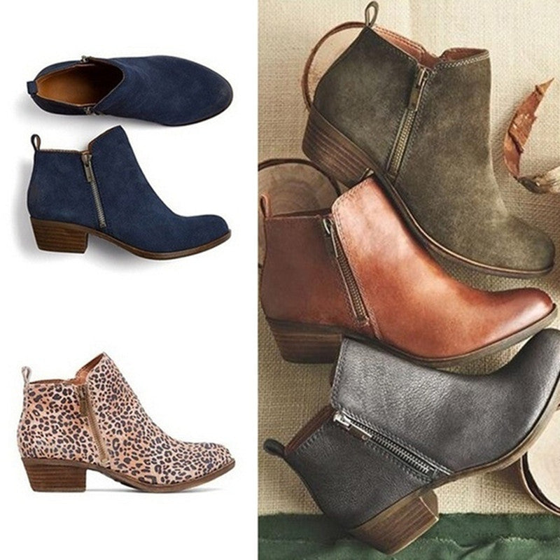 Women's chunky heel shoes in various colors and patterns including blue, green, reddish brown, leopard print, and black.