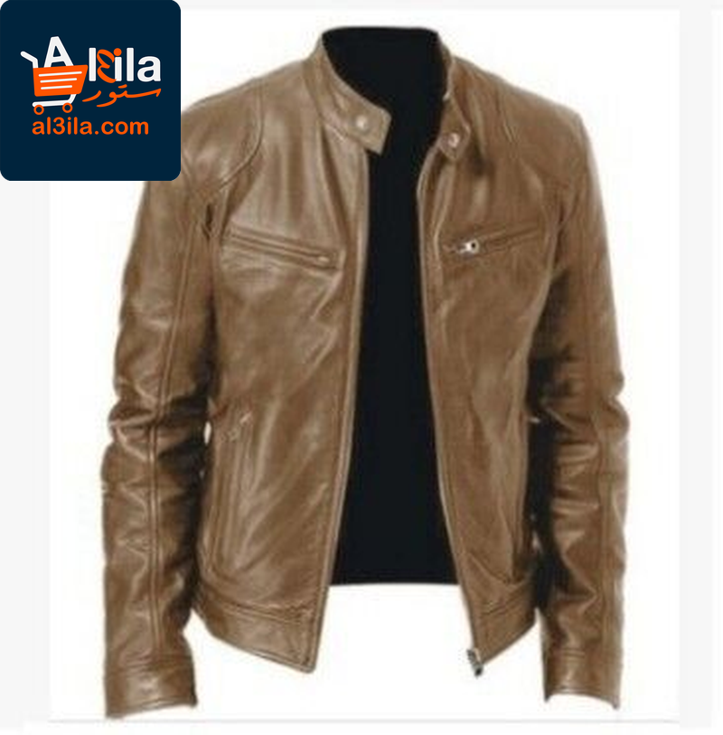 Men's Slim Fit PU Leather Jacket – Stylish Outerwear in Khaki, Brown, and Black