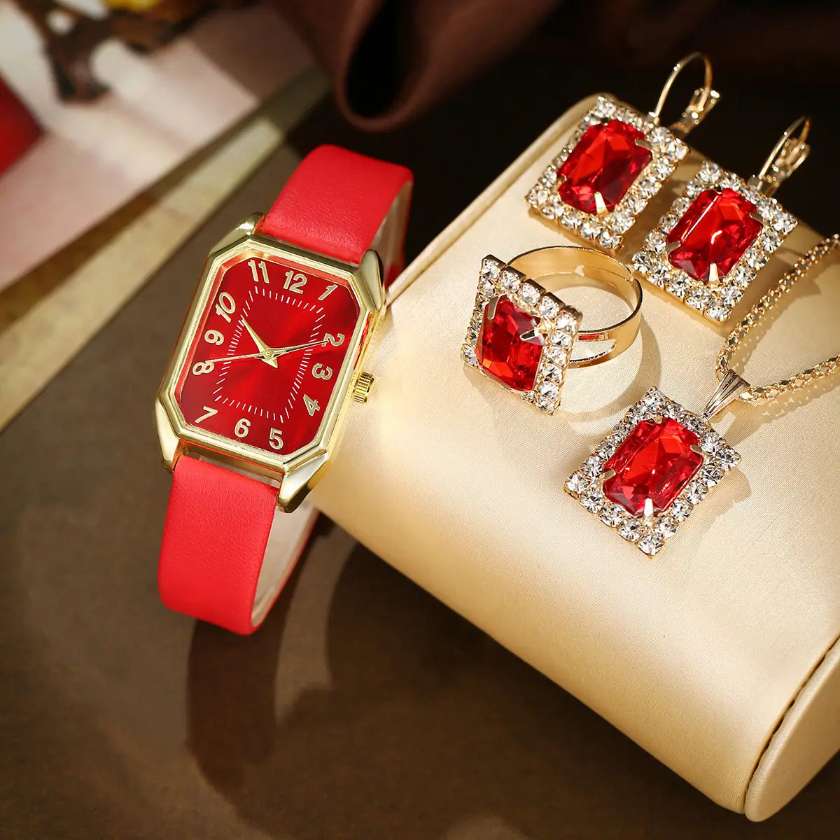Leather Women’s Watch Square Quartz Watch Korean Necklace Earrings Ring Set
