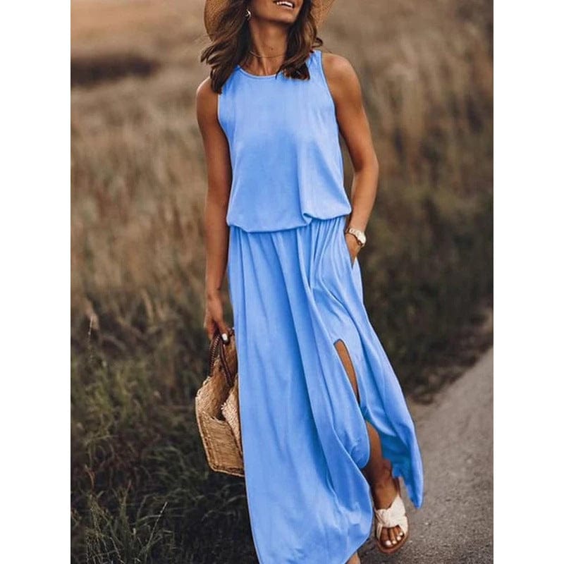 Round Neck Sleeveless Split Solid Color Dress