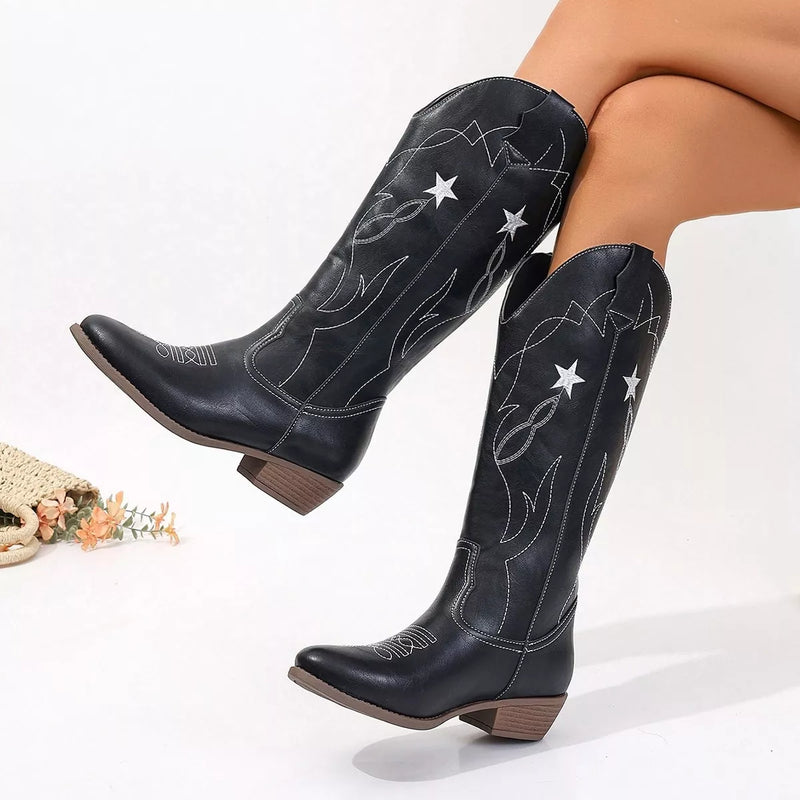Black Western Star Embroidered Cowboy Boots with low heel and white star embroidery