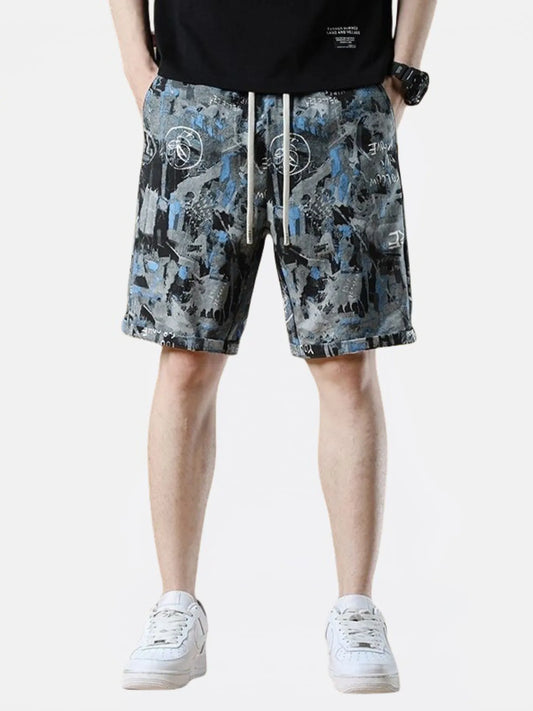Men's plus size drawstring loose fit shorts with pockets in abstract print, cotton blend fabric