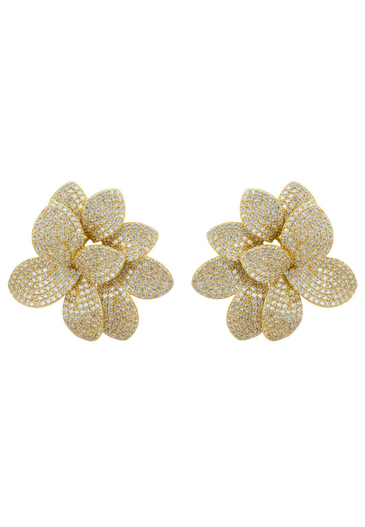 Amaryllis Flower Large Stud Earrings gold plated with cubic zirconia detailing and intricate petal design