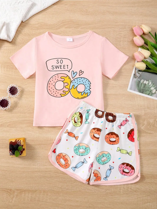 Children's donut print pink round neck top and colorful donut print shorts set