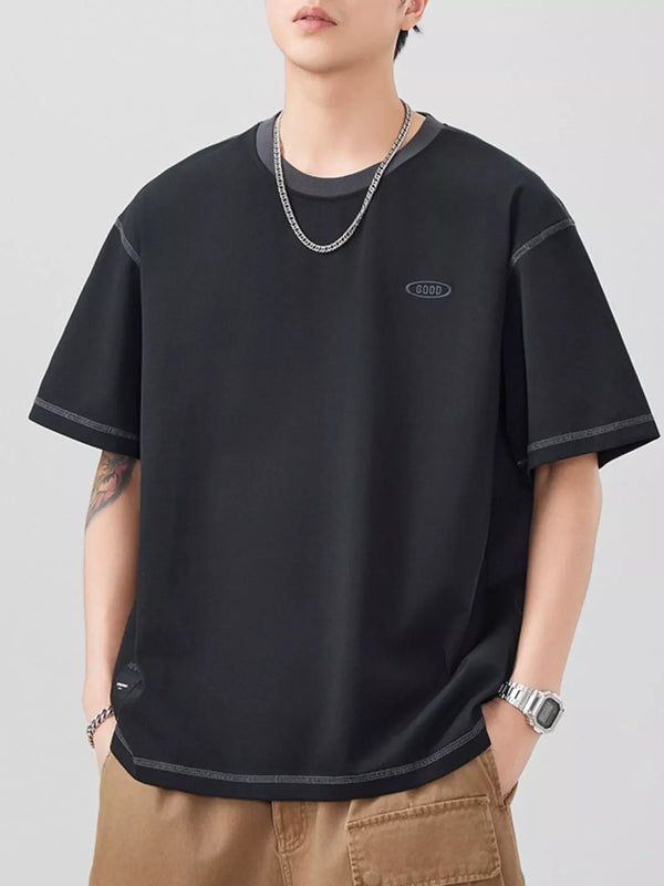 Men's plus size black round neck oversized short sleeve t-shirt made of cotton and spandex