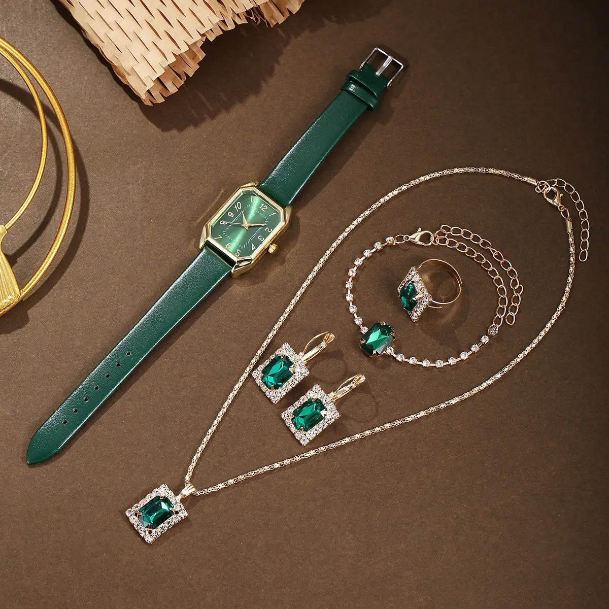 Leather Women’s Watch Square Quartz Watch Korean Necklace Earrings Ring Set
