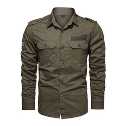 Solid color army green loose long sleeve pocket shirt.
