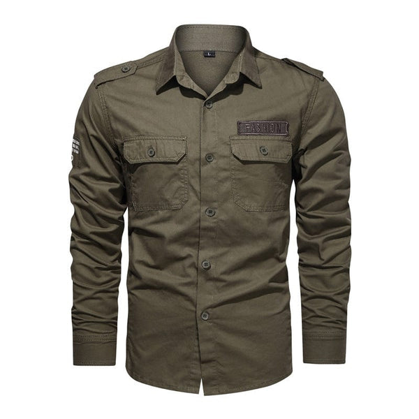 Solid color army green loose long sleeve pocket shirt.