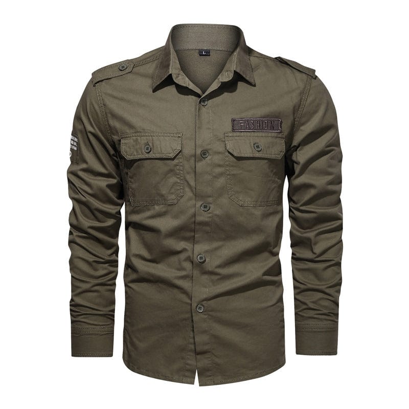 Solid color army green loose long sleeve pocket shirt.