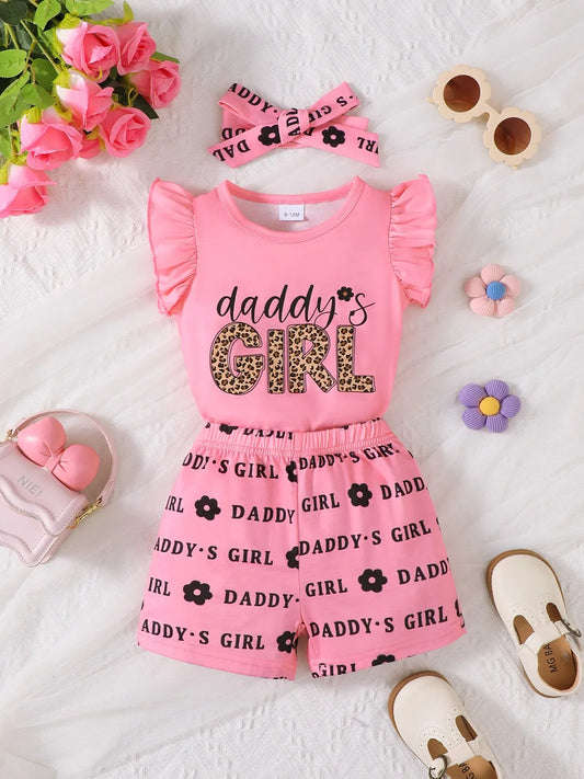 Pink children's headband with ruffle sleeve top and matching shorts set with "Daddy's Girl" print