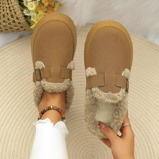 Round toe platform slip-ons with fleece lining and mid heels in tan PU leather
