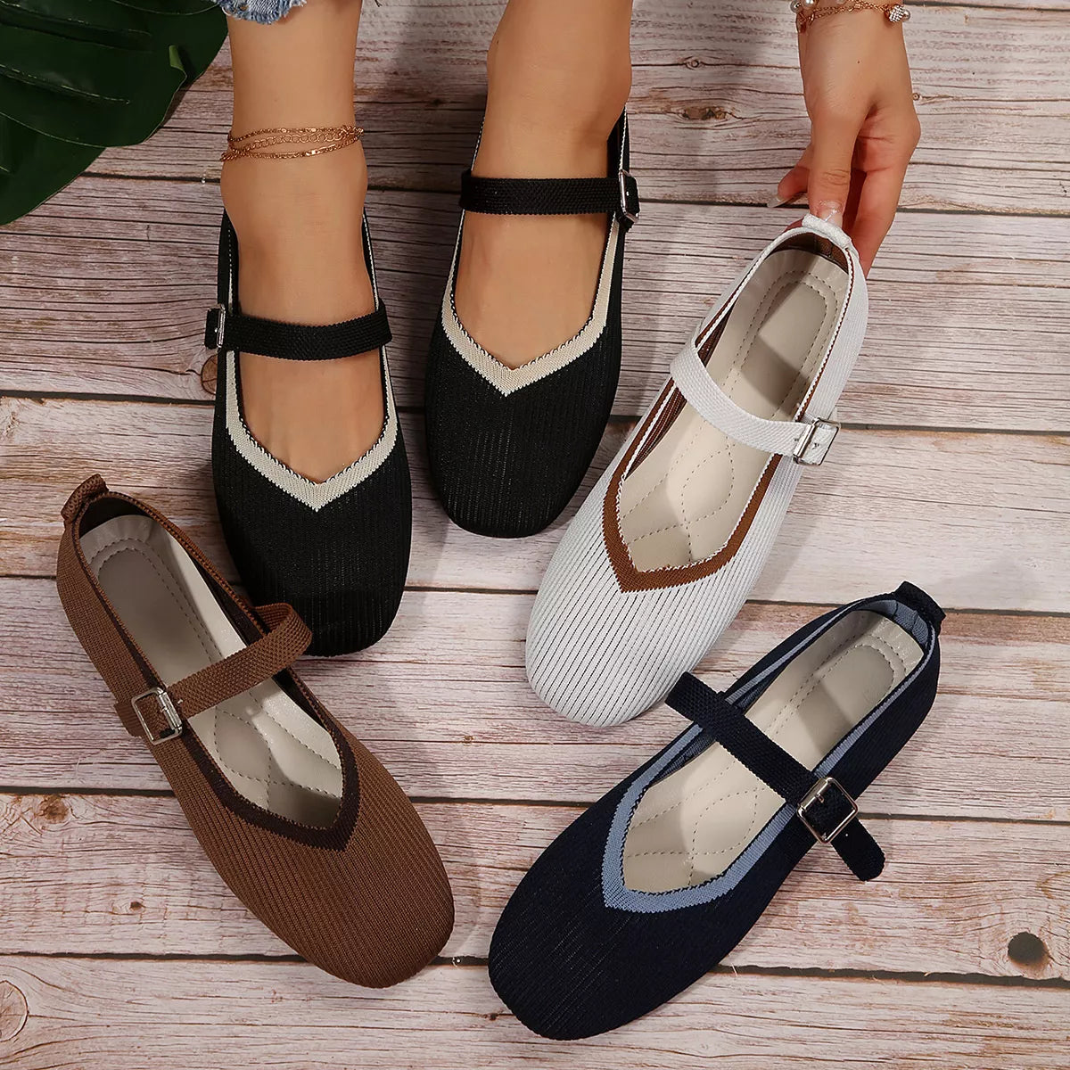 Round Toe Mesh Slip-Ons in black, white, brown, and navy with low heels and adjustable straps on wooden floor