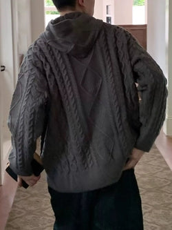 Men's oversized cable knit long sleeve hooded sweater in dark gray with slight stretch and acrylic material