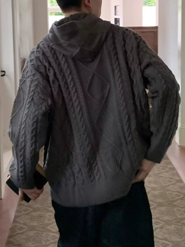 Men's oversized cable knit long sleeve hooded sweater in dark gray with slight stretch and acrylic material