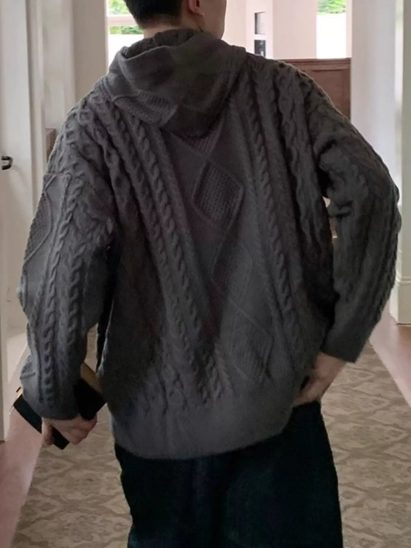 Men's oversized cable knit long sleeve hooded sweater in dark gray with slight stretch and acrylic material