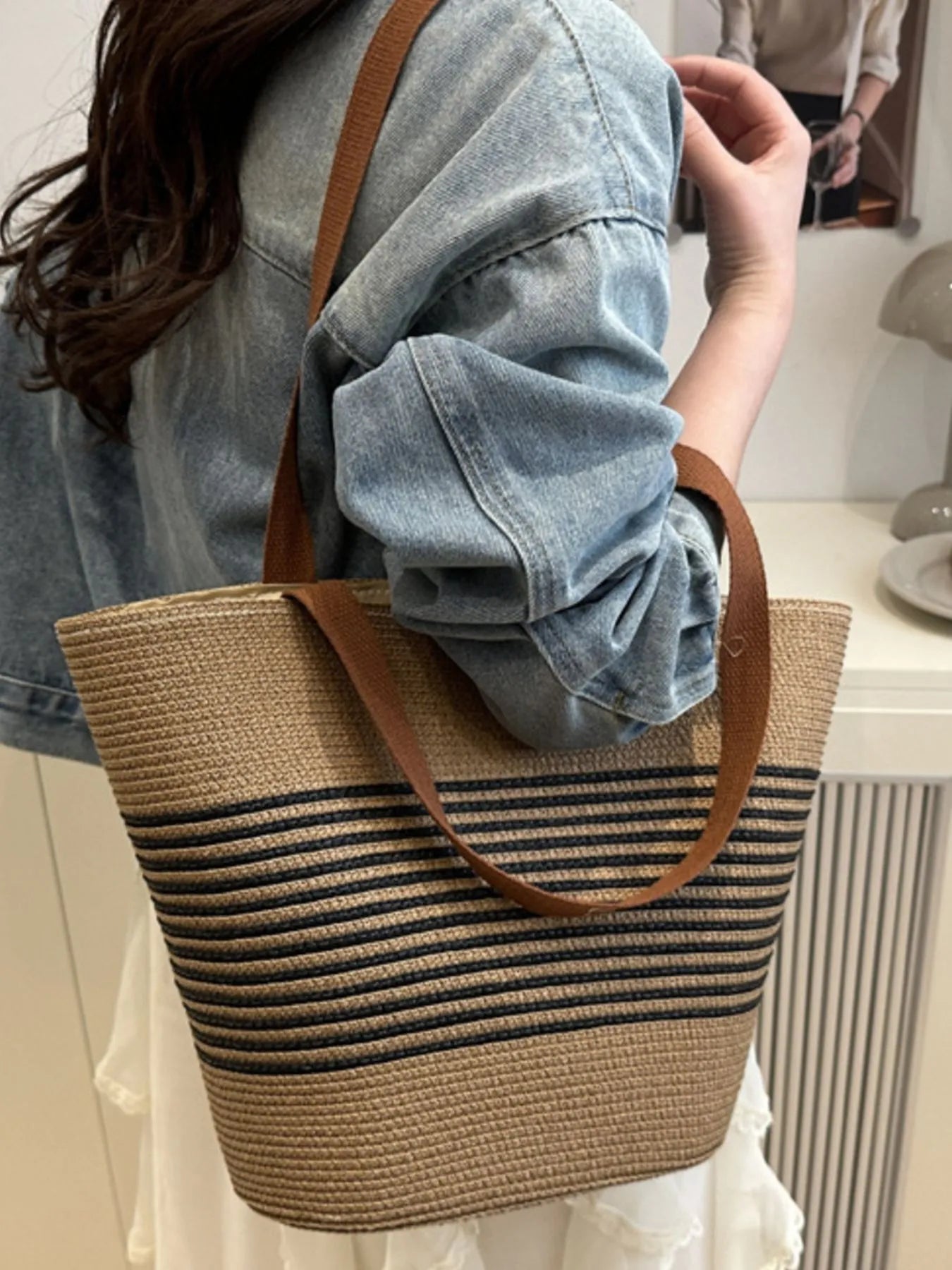 Medium striped woven tote bag with PU leather handles and polyester straw body