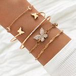 5 piece 18K gold-plated butterfly bracelet set with crystal accents on wrist