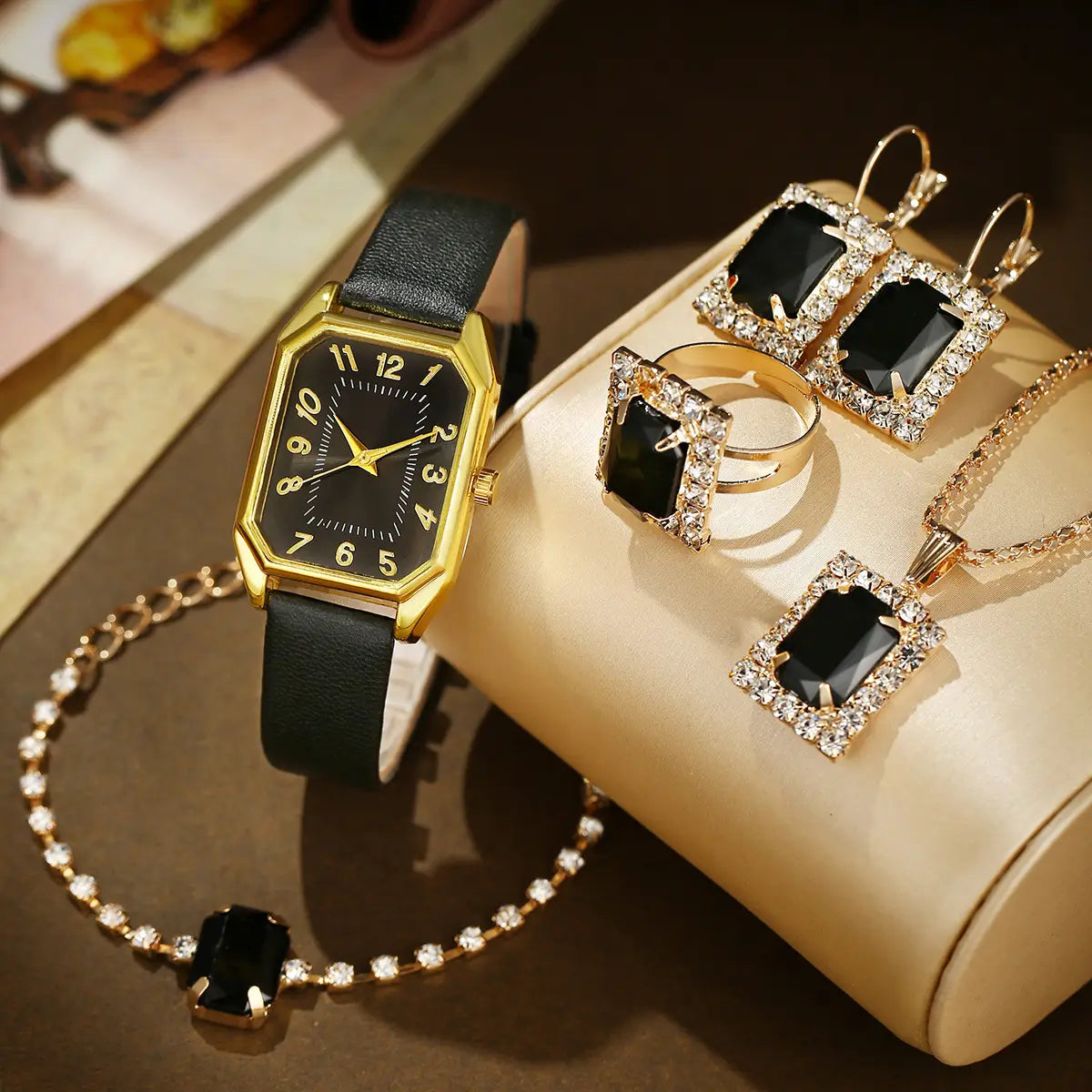 Leather Women’s Watch Square Quartz Watch Korean Necklace Earrings Ring Set