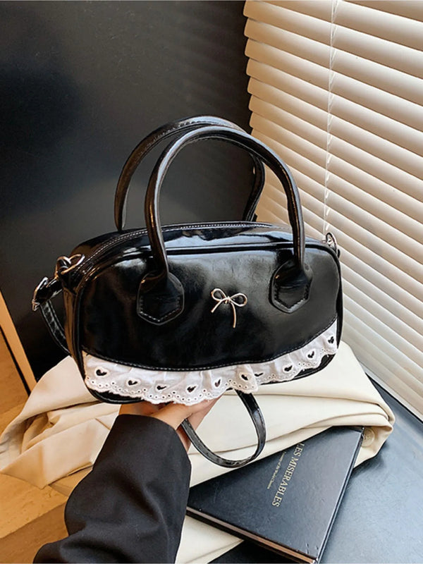 Small black Lace Detail Bow crossbody bag with PU leather and polyester material