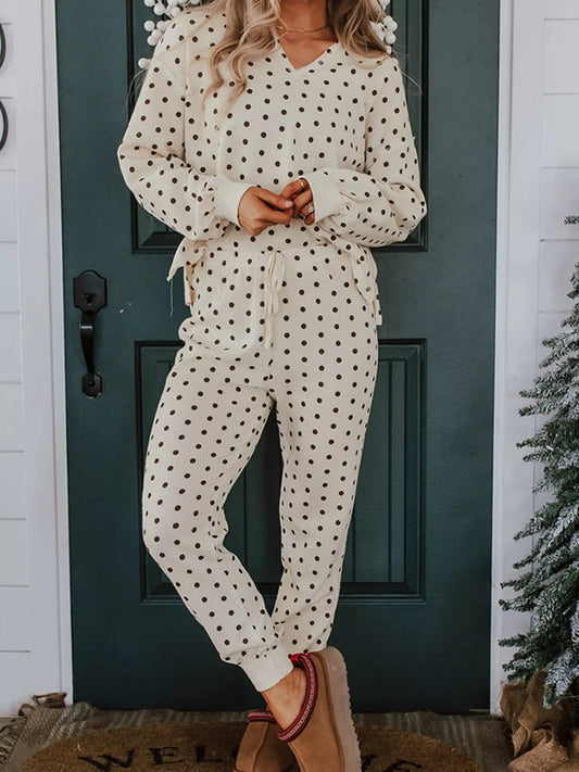 Polka dot notched long sleeve top and drawstring joggers lounge set in beige with black dots