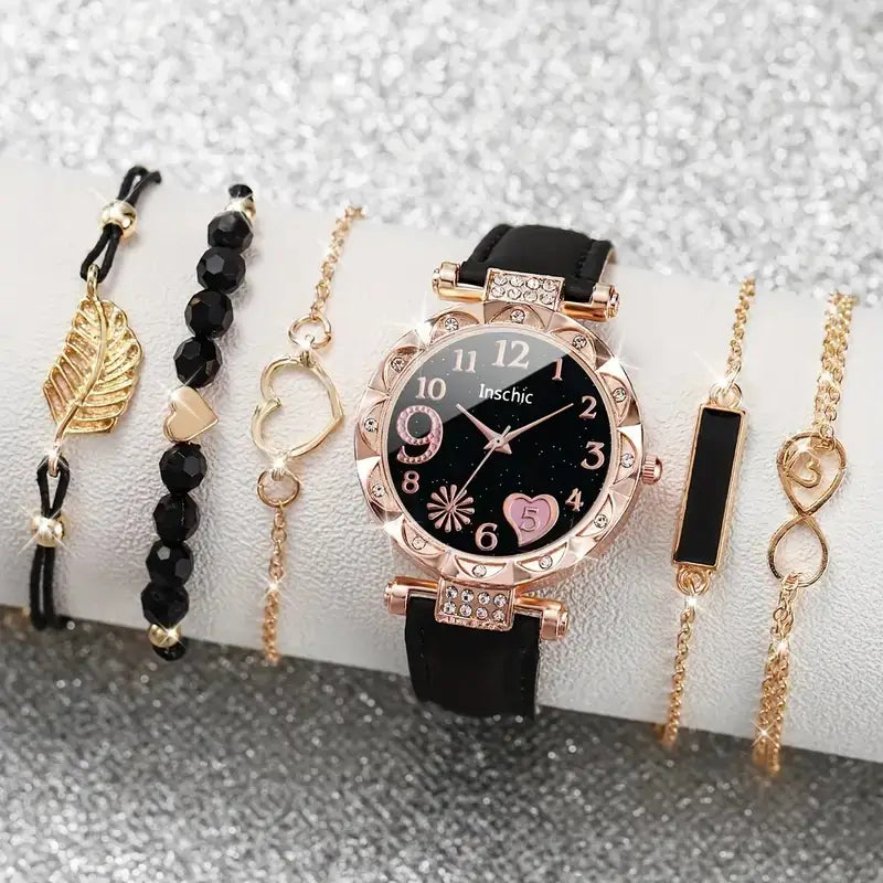 Women’s Diamond Dial Belt Quartz Watch Beaded Bracelet Suit